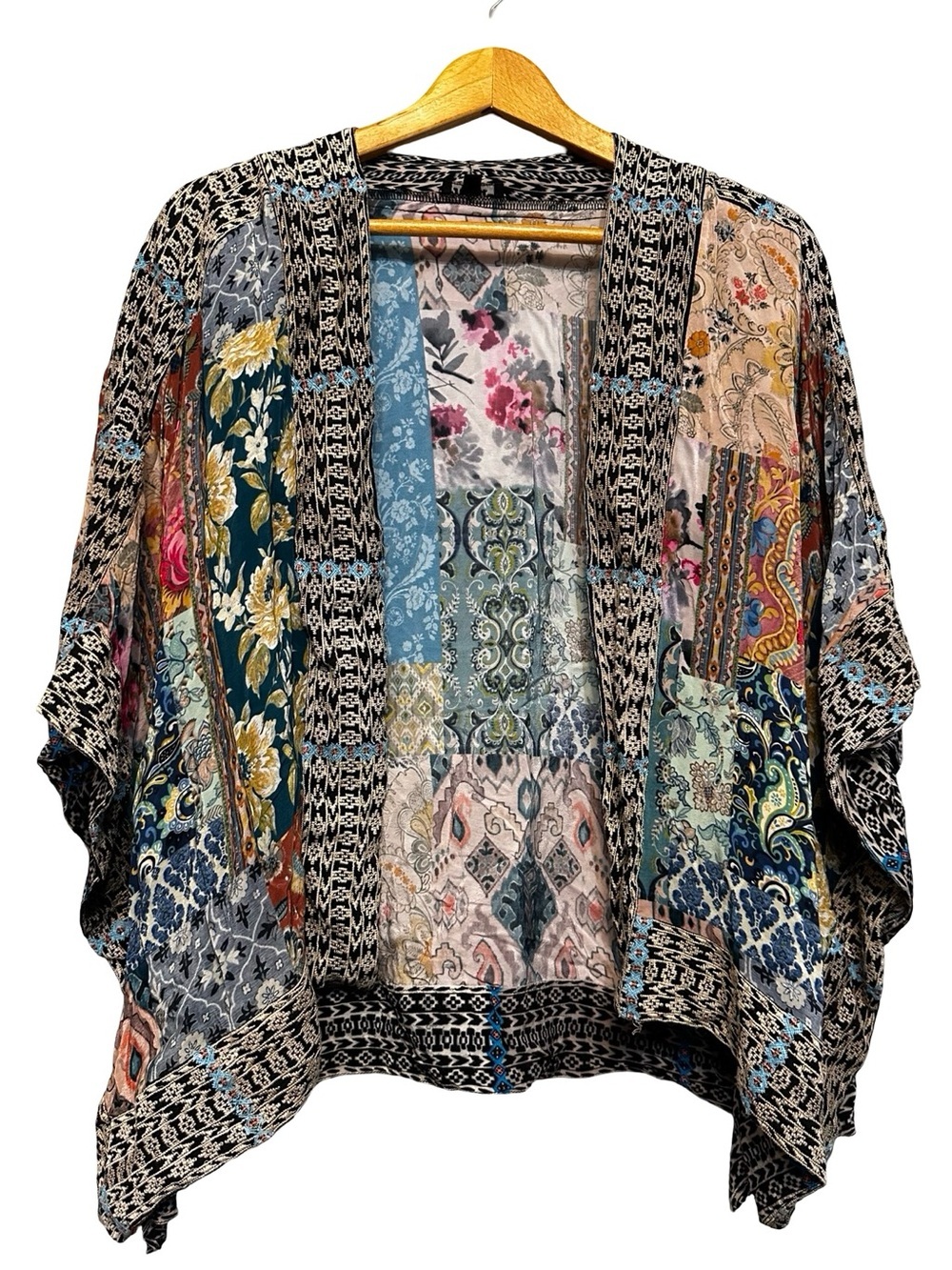 Tolani Patchwork Boho Kimono Poncho Open Front Jacket XS/S Mixed Print Artsy